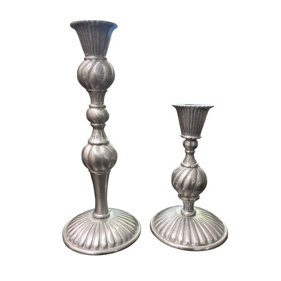 Mariposa Aluminum Candlestick Holder Set of 2 Silver Pluted Top - Picture 1 of 4